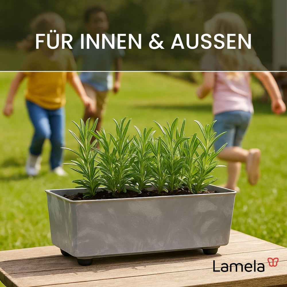 Jardinieră dreptunghiulară LAMELA cu picioare elegante – Ghiveci gri cu aspect de beton, fabricat din plastic robust, 37x17 cm, 6L – Rezistent la intemperii și ușor de curățat – Pentru interior și exterior