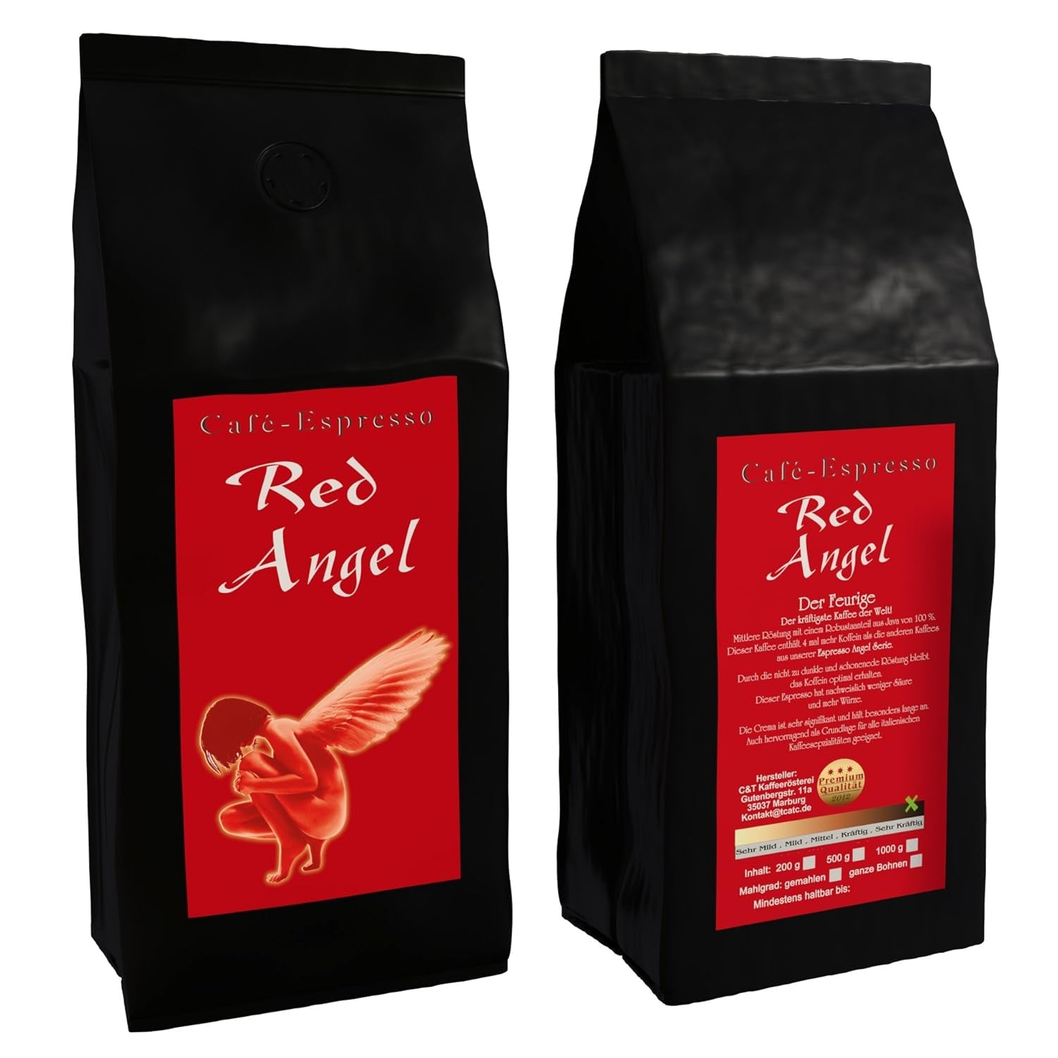 Espresso Kaffee Red Angel - Der Feurige - 1000g Fein Gemahlen - für Espressokocher, Espressomaschine, Percolator - Starker Premium-Espresso - Säurearm - Schonend und Frisch Geröstet