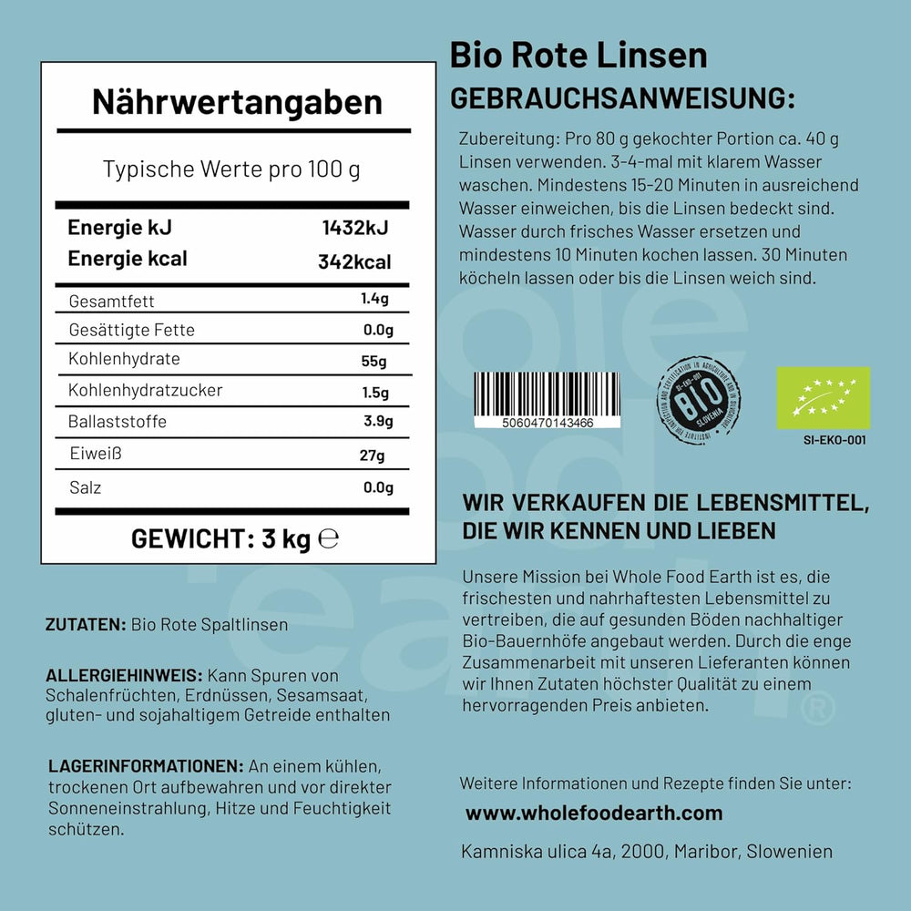 Wholefood Earth Økologiske Splittede Røde Linser 3 kg Ikke-GMO Vegansk Fiberrigt Højt proteinindhold fra certificeret økologisk landbrug