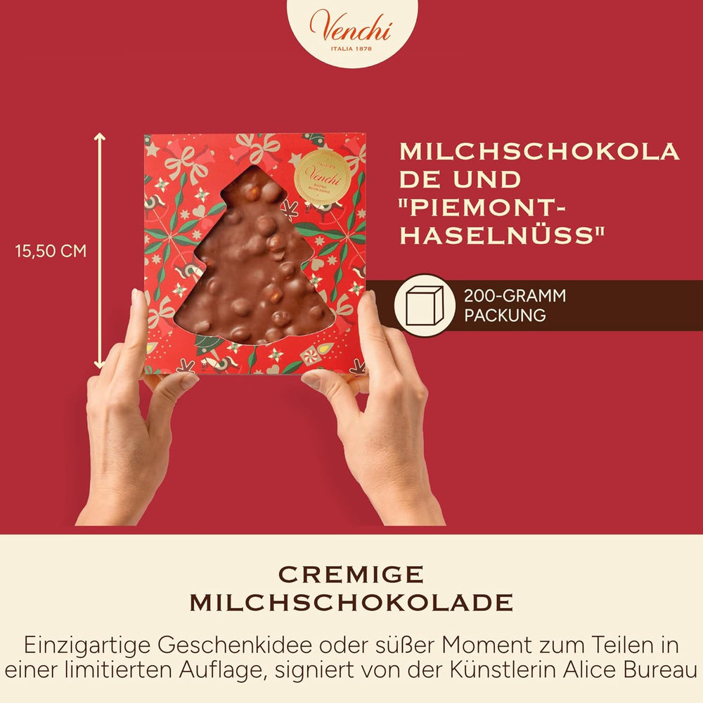 Venchi, Brutto&Buono, håndlavet "Piedmont Forest Hazelnut" grantræformet mælkechokoladebar, 200 g, glutenfri, julekollektion i begrænset udgave, gaveidé