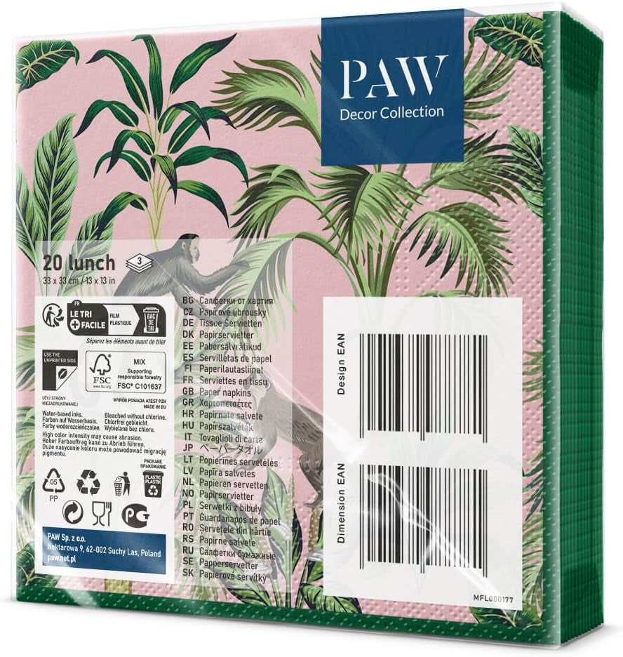 PAW - Șervețele 3 straturi (33 X 33 Cm) I 20 bucăți I Perfect pentru zile de naștere, petreceri, nunți, comuniuni și sărbători I Decorațiuni de masă șervețele de hârtie colorate - Monkey Jungle Fauna & Flora I Monkey Fun