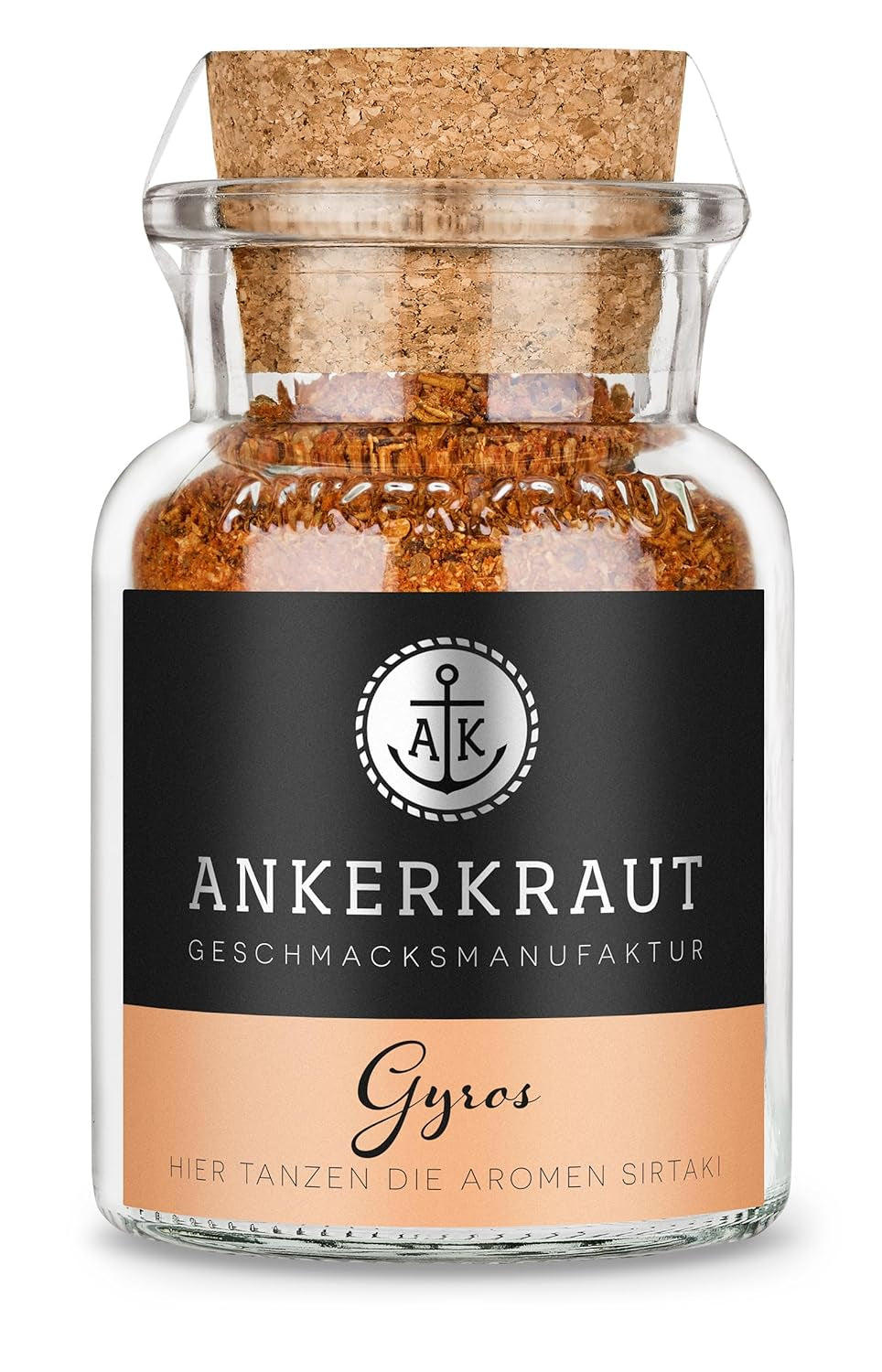 Ankerkraut Gyros, Gewürzmischung für Gyros, egal ob aus der Pfanne oder vom Grill, mit Zwiebel, Knoblauch, Merian, Spidskommen, Piment og mehr, 80 g im Korkenglas