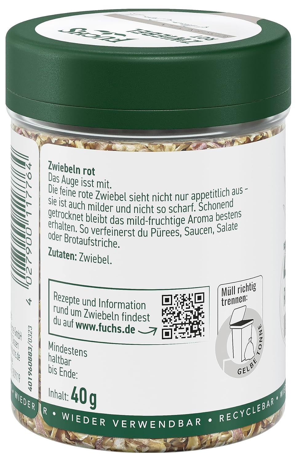 Fuchs Gewürze - Zwiebel rot geschnitten - Gewürz für Pürees, Salat eller Brotaufstriche - naturlige ingredienser - 40 g i wiederverwendbarer, genbrugsbarer Dosis