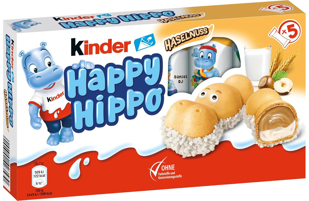 Kinder Happy Hippo Hasselnut - Specialitetssprøde vafler med mælk og hasselnøddecreme - Karneval og fastelavnsslik - 1 pakke indeholdende 5 individuelle stænger á 20,7 g hver