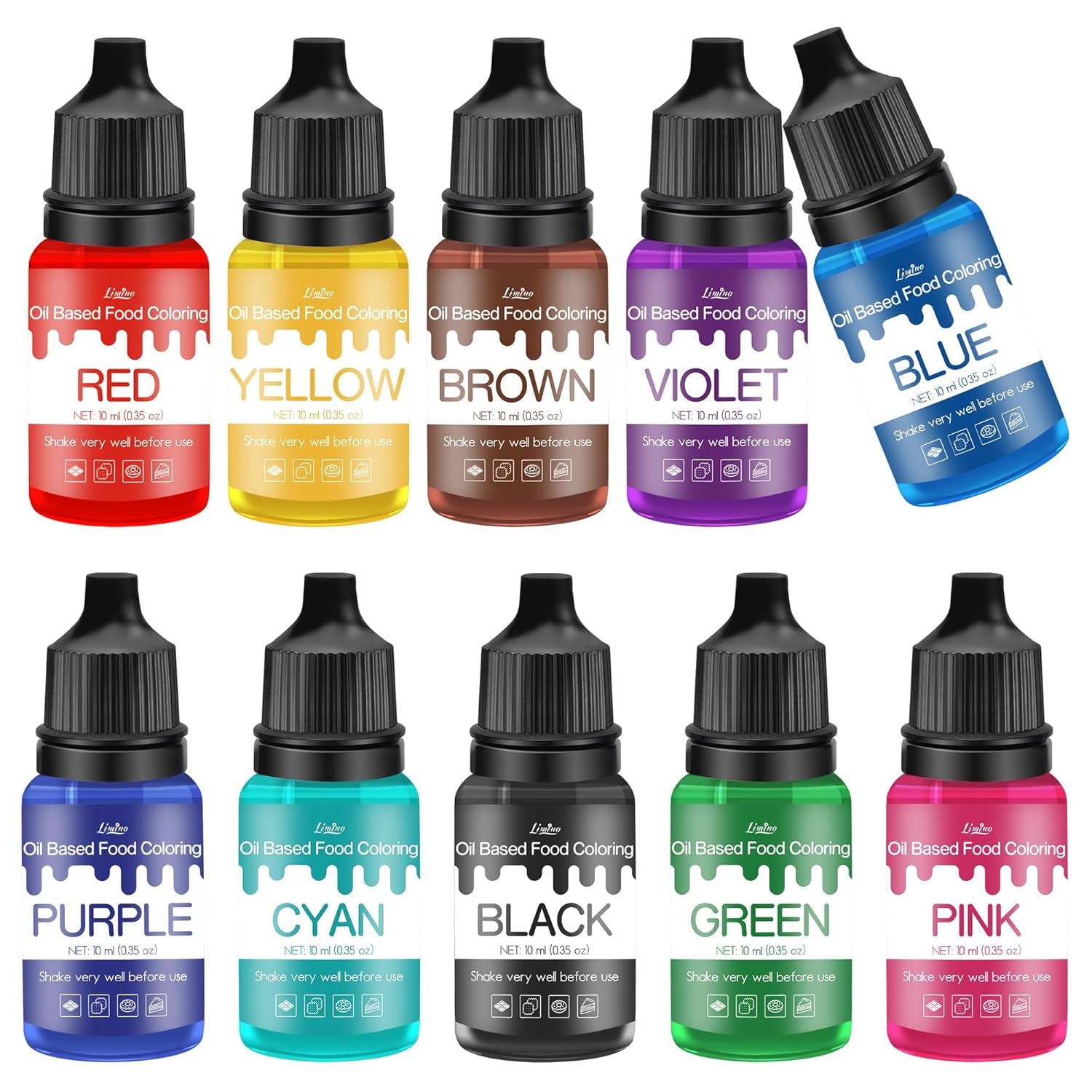 Fettlösliche Lebensmittelfarbe - 10 Farben Ölbasis Lebensmittelfarben Für Schokolade, Süssigkeit, Kuchen, Backen, Macaron - Konzentrierte Food Coloring Für Tortendeko, Buttercream, Fondant - Je 10Ml Naty Shop 10 Ml (10Er Pack)