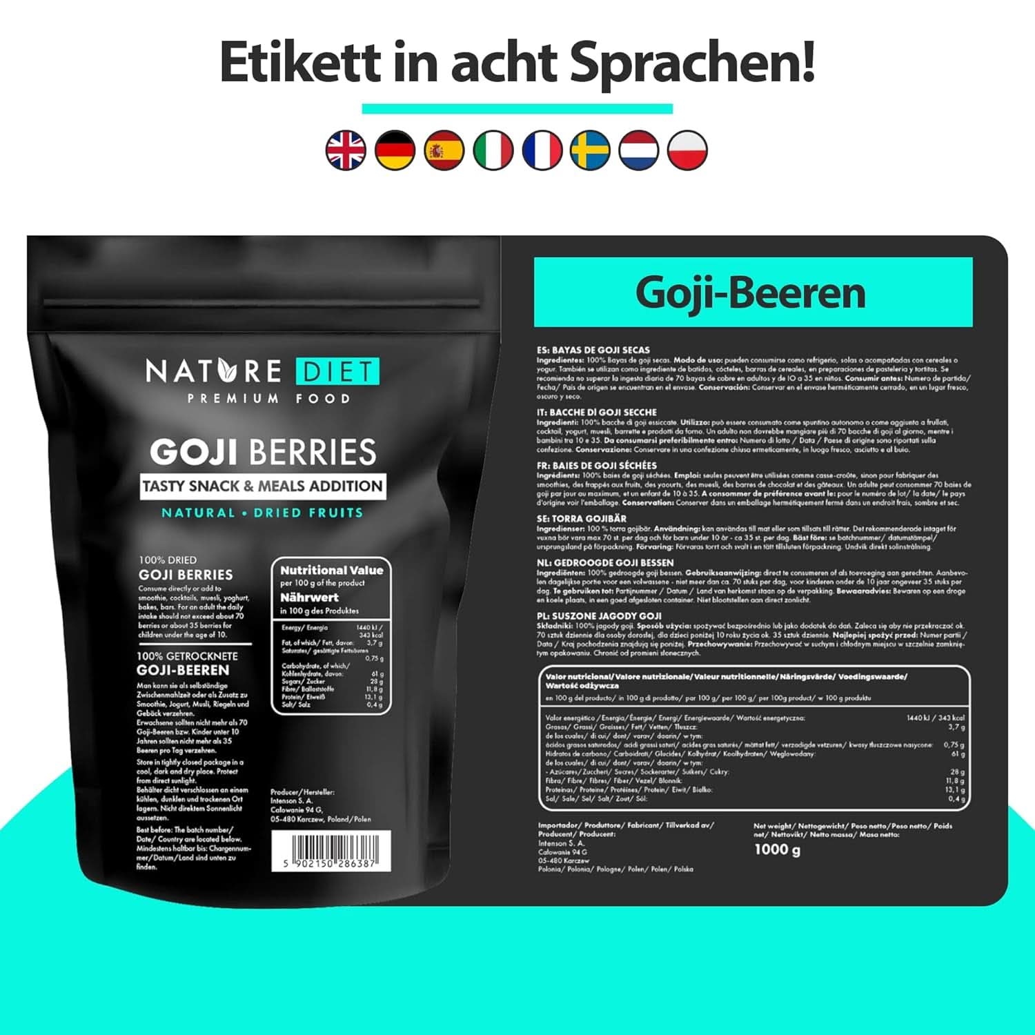 Nature Diet - Goji berries 1000 G | Fructe de pădure uscate Produse deshidratate Naty Shop
