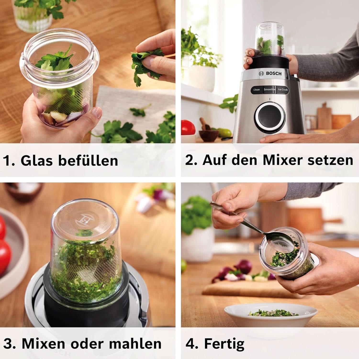 Bosch Standmixer Vitapower Serie 4 MMB6177S, Edelstahl-Klingen Made in Germany, 1,5L Thermosafe Glasbehälter, 0,6L To-Go-Flasche, Stopfer, Universalzerkleinerer, 30.000 U/Min, 1200 W, Silver Kitchen Naty Shop