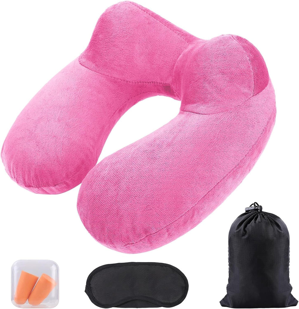 Aiqinu Pernă gonflabilă pentru gât Pernă de călătorie, Compact Quick Neck Pillow gonflabil cu capac de pernă lavabil pentru călătorii cu mașina, avionul, trenul, biroul, familia Perne calatorie Naty Shop Roz