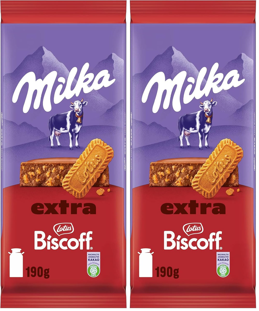 Milka Extra Biscoff Chokolade – Alpine mælkechokolade med sprøde stykker Lotus Biscoff-kiks – 190g