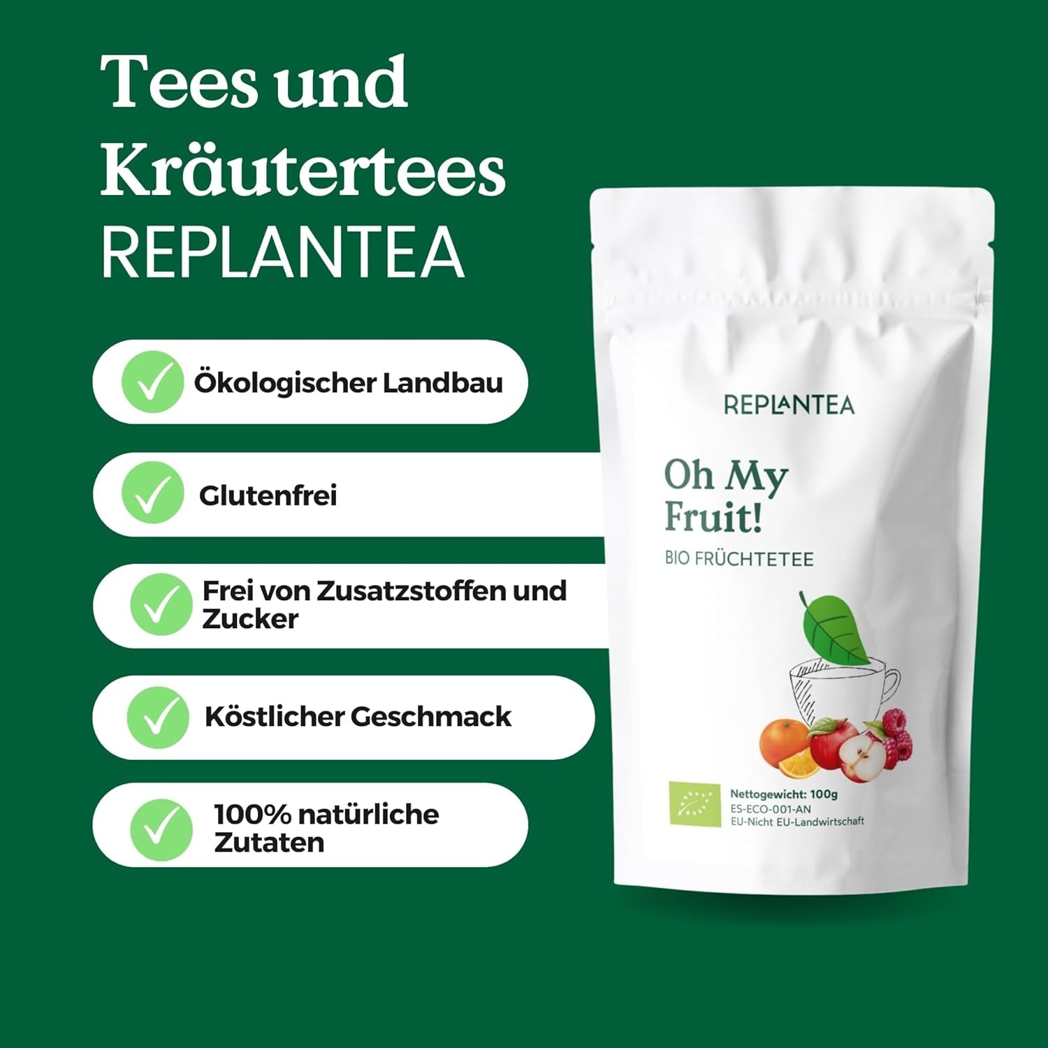 Ceai de fructe BIO Oh My Fruit 100 g (50 de cești) | Ceai de fructe vrac cu mere, hibiscus, zmeură, portocale și frunze de stevia REPLANTEA