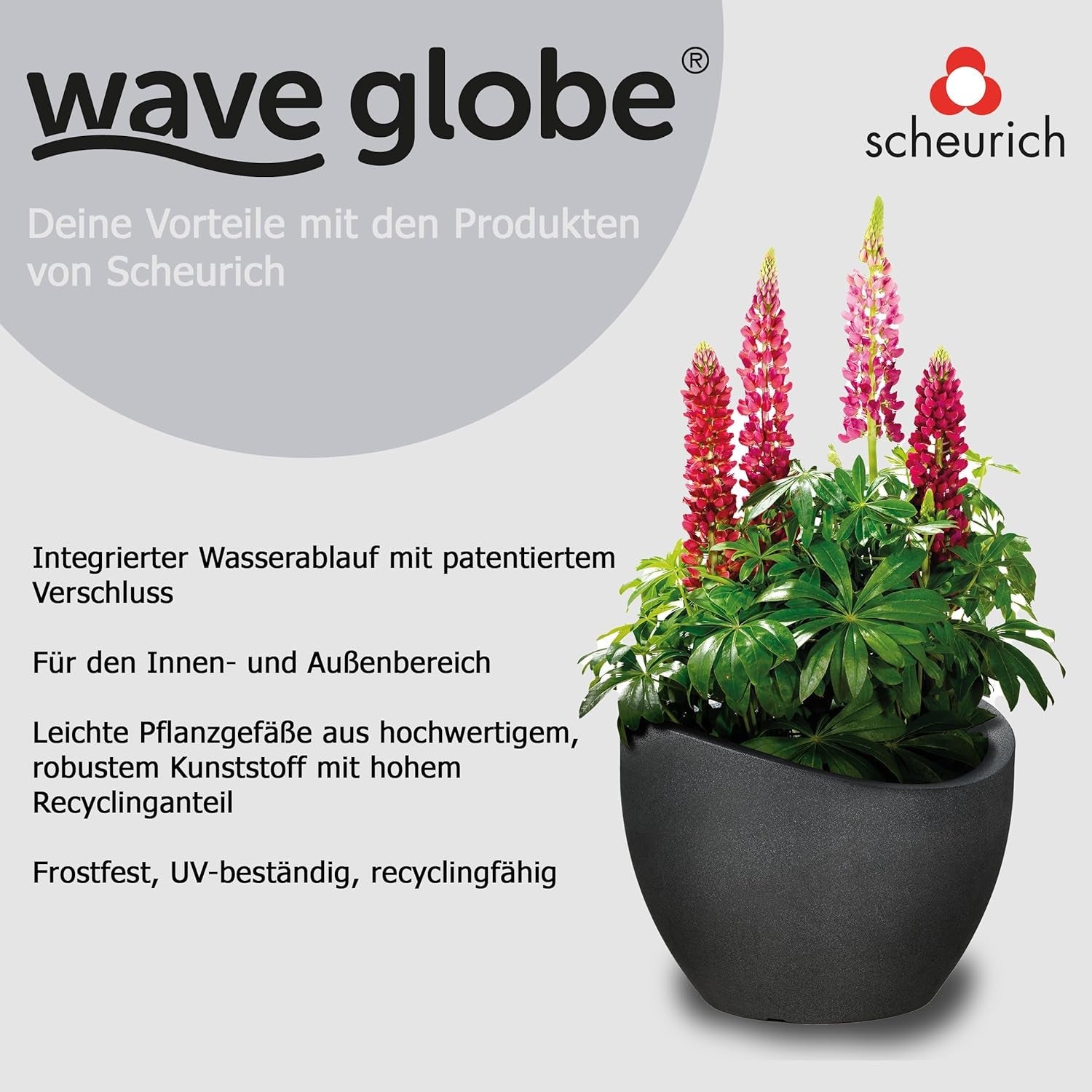 Ghiveci Scheurich Wave Globe, din plastic, granit negru, diametru 30 cm, înălțime 22 cm, volum 19 l.
