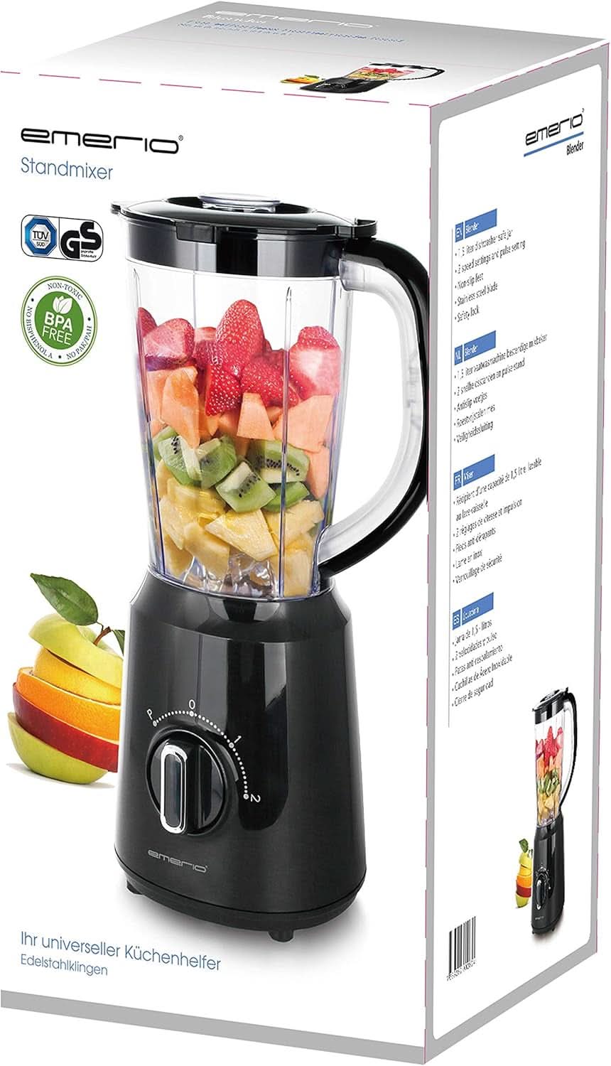 Emerio Standmixer BPA Frei Crush Ice Funktion 1.5L Beholder 2 Geschwindigkeiten + Pulse Funktion Messereinheit Aus Edelstahl Sicherheitsschalter Geschirrspülgeeignet 500 Watt BL-12816.8 Schwarz Bucatarie Naty Shop