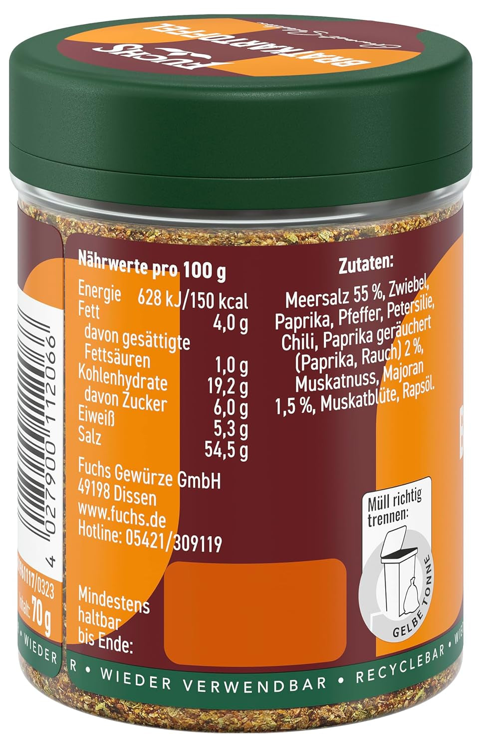 Fuchs Gourmet Selection Klassisch/Heimisch – Bratkartoffel Gewürzsalz, nachfüllbares Kartoffel Gewürz, Salz zum Würzen von Brat- & Ofenkartoffeln, Pommes Frites & Co, vegansk, 70 g