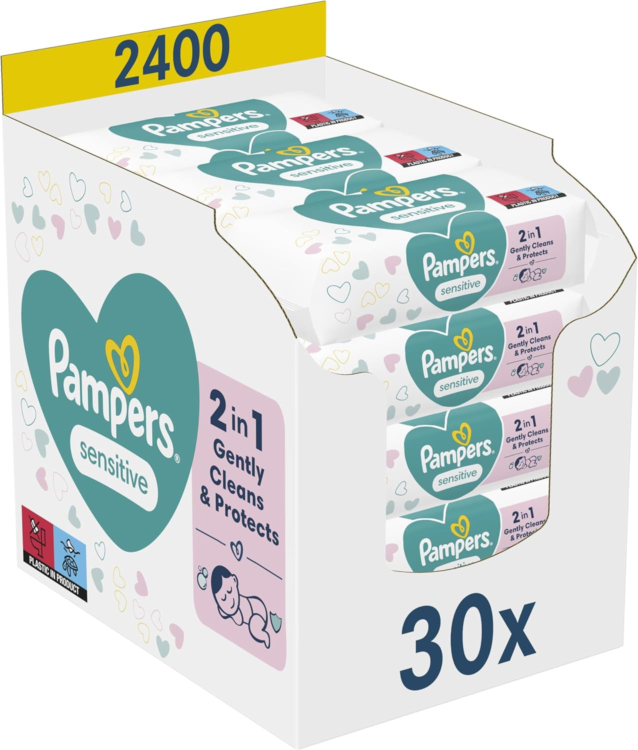 Pampers Sensitive babyservietter, 15 pakke med 80 servietter, 1200 babyservietter, 2-i-1 skånsom rensning og hudbeskyttelse