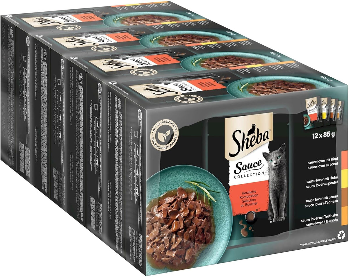 Hrană umedă pentru pisici Sheba Sauce Collection, în pliculețe porționate, pachet multiplu cu compoziție sărată, 4x12x85g