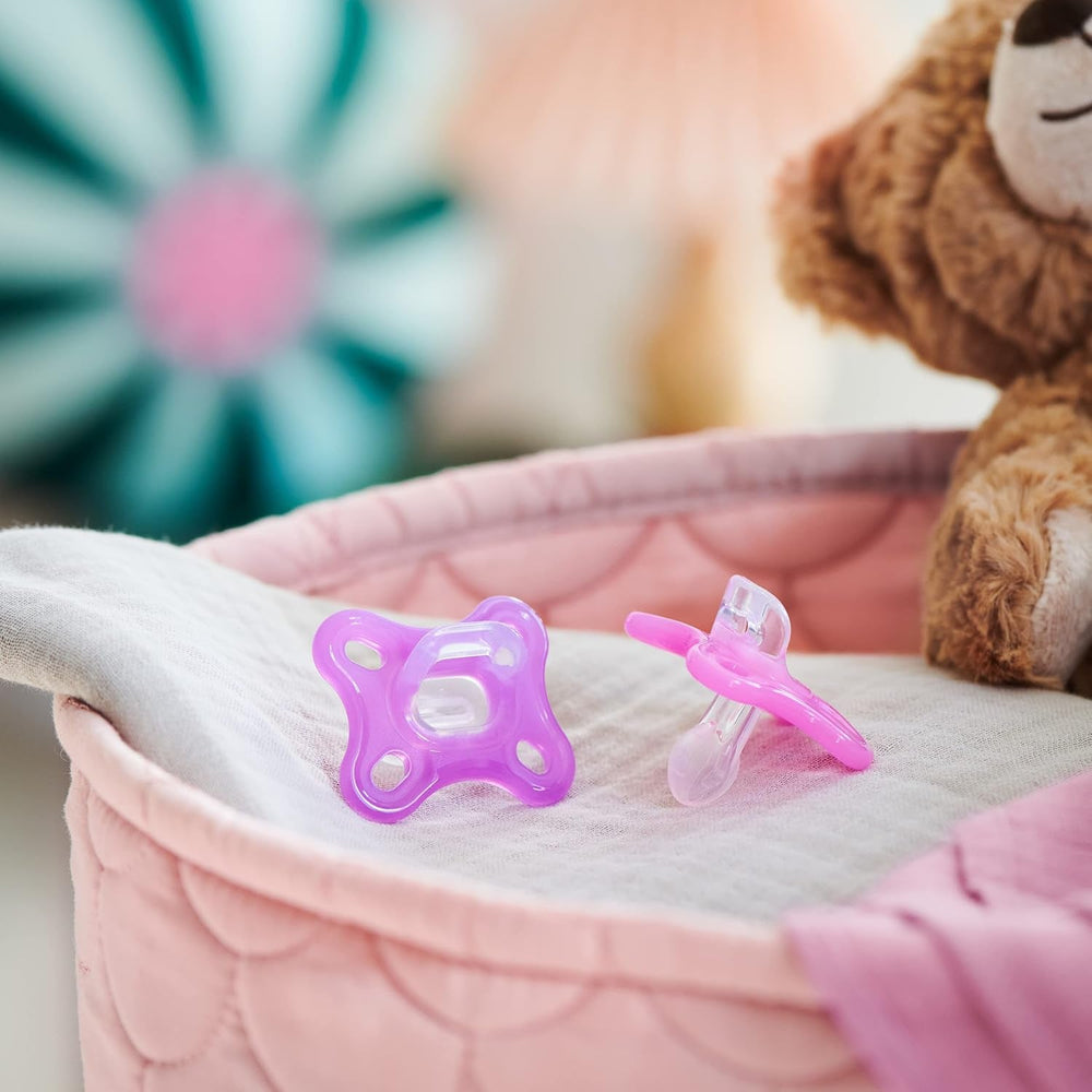 Suzete MAM Comfort din silicon, pachet de 2 (0-2 luni), suzete pentru prematuri și nou-născuți, set suzetă cu cutie pentru suzetă, roz/violet