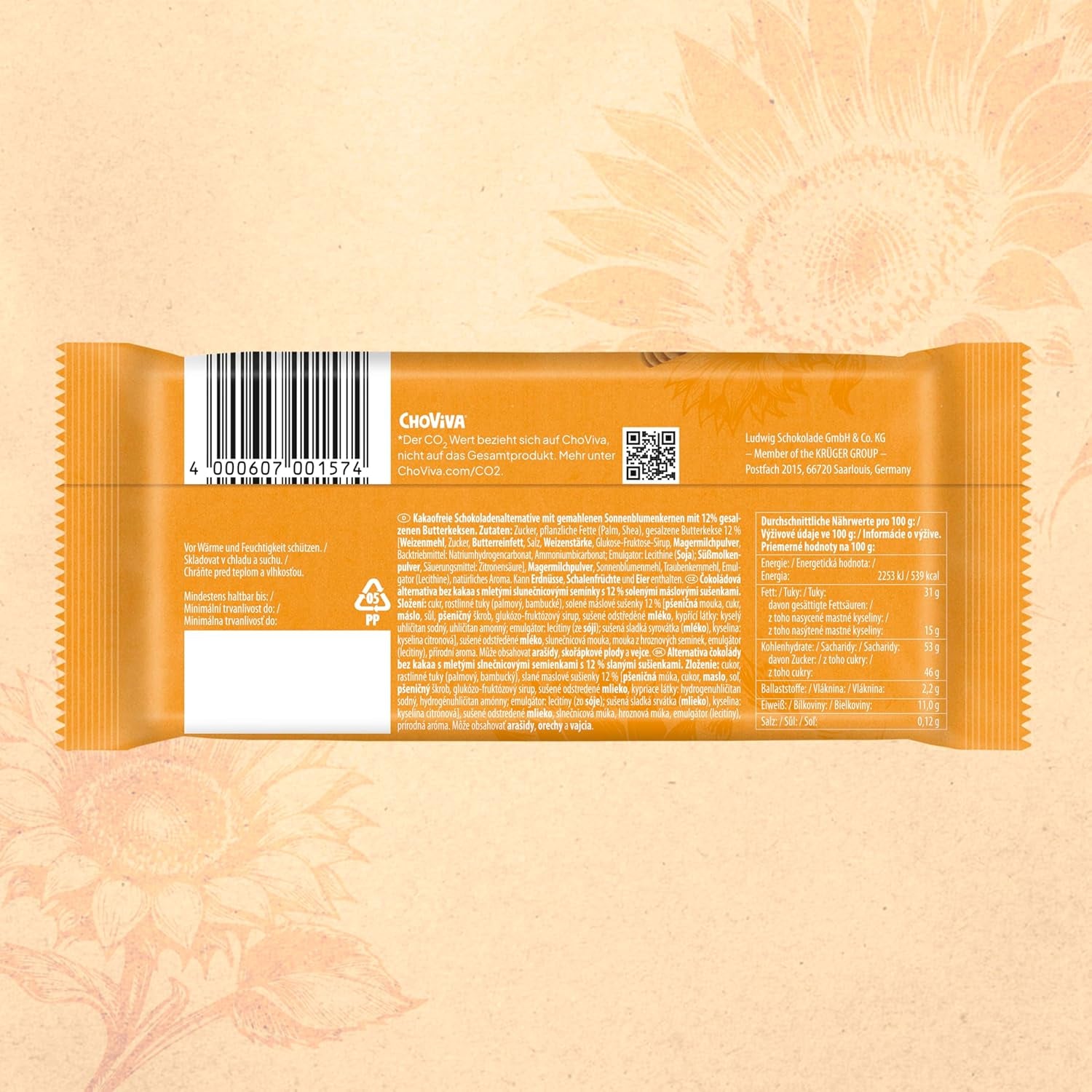 Saltede smørkiks og ChoViva, 80 g bar, lavet af alternativ chokolade med solsikkefrø