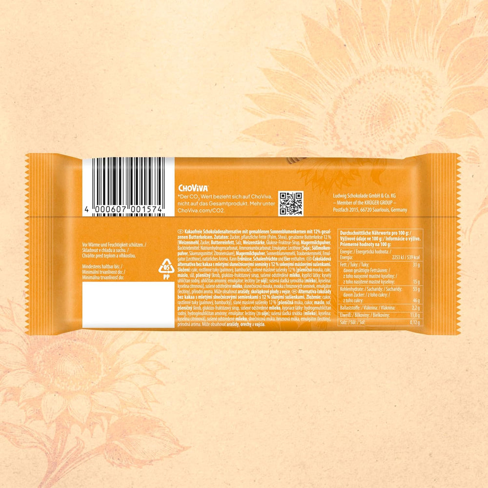 Saltede smørkiks og ChoViva, 80 g bar, lavet af alternativ chokolade med solsikkefrø
