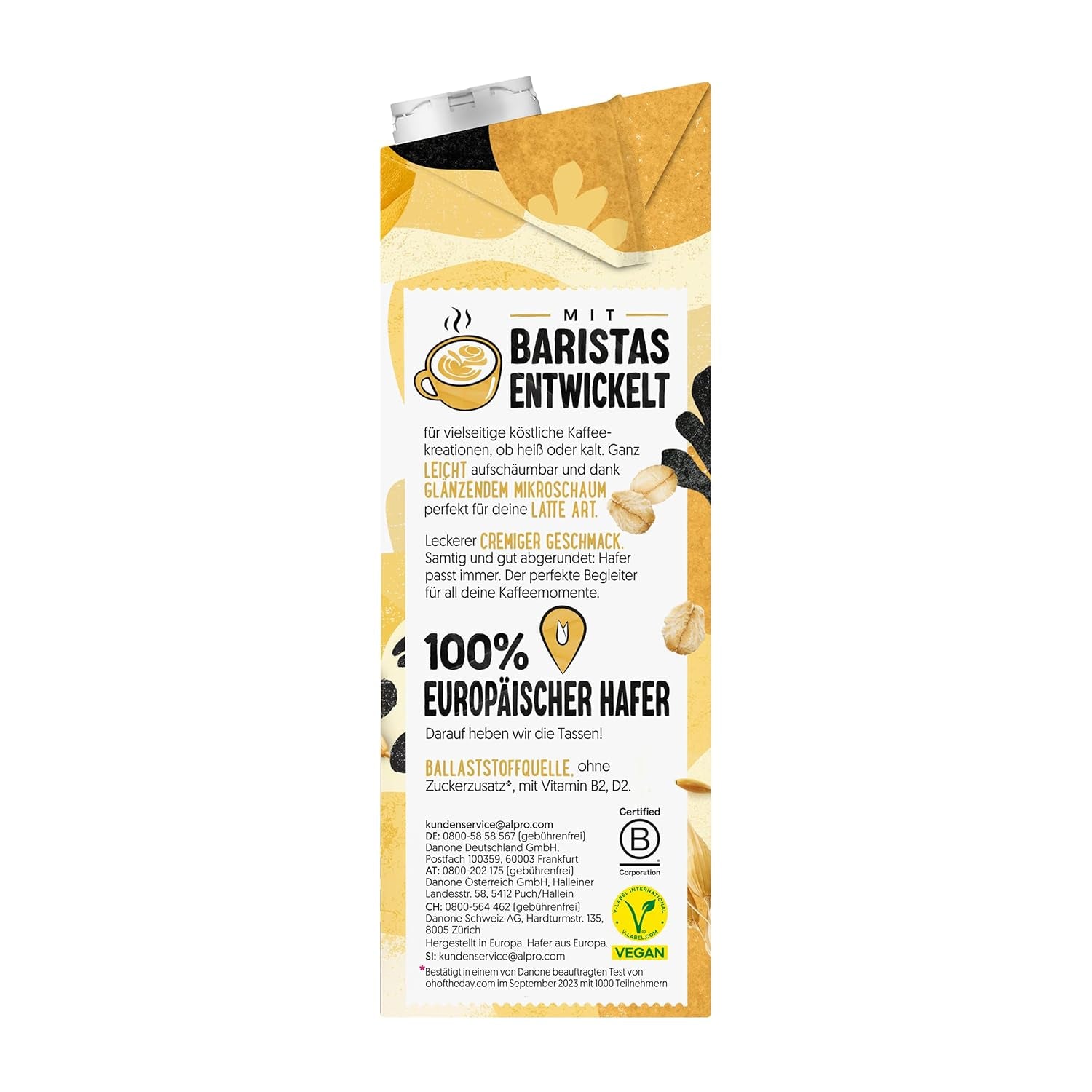 Alpro Barista Haferdrink – Zum Aufschäumen – Vegan und milchfrei – Von Natur aus lactosefrei – Rich an Ballaststoffen, Calcium og Vitaminen – 8 x 1 L – Haltbar