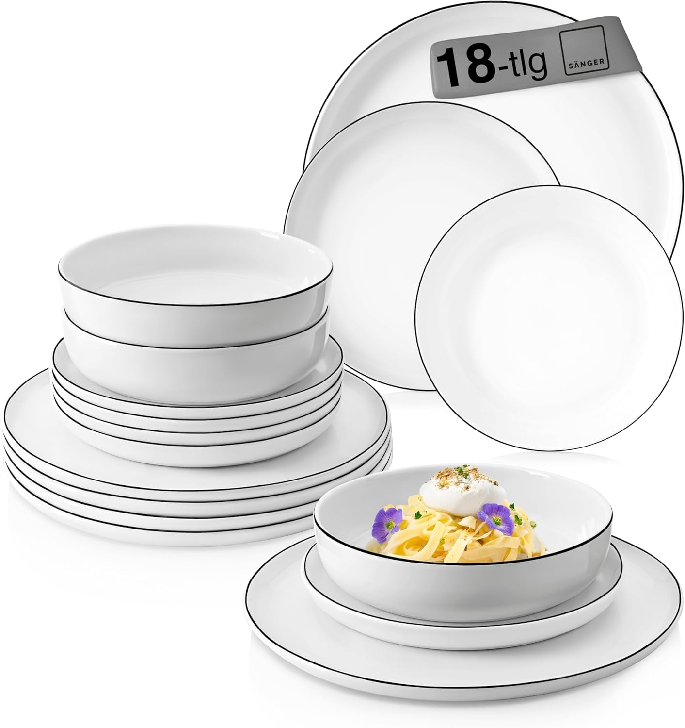 SÄNGER | Set de veselă Marlo cu margine neagră și albă, Set de veselă din porțelan cu 18 piese pentru 6 persoane, Alb cu accente negre, Farfurii de cină, Farfurii și boluri pentru desert, Design modern | COLECȚIA PREMIUM