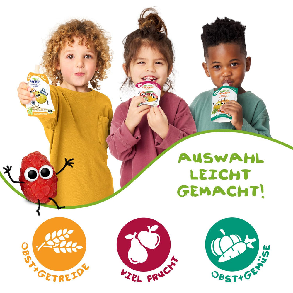 FRECHE FREUNDE Bio Quetschie Apple, Birne & Maracuja, Fruchtmus mit Obst im Quetschbeutel for Babies from 6. Month, vegan, 6er Pack (6 x 100g)