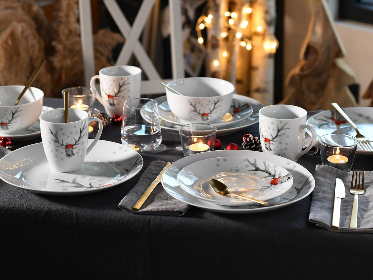 CreaTable, 21498, seria Luna Hirsch, set de veselă cu 18 piese pentru 6 persoane, set de mic dejun din porțelan, potrivit pentru mașina de spălat vase și cuptorul cu microunde, producție de calitate