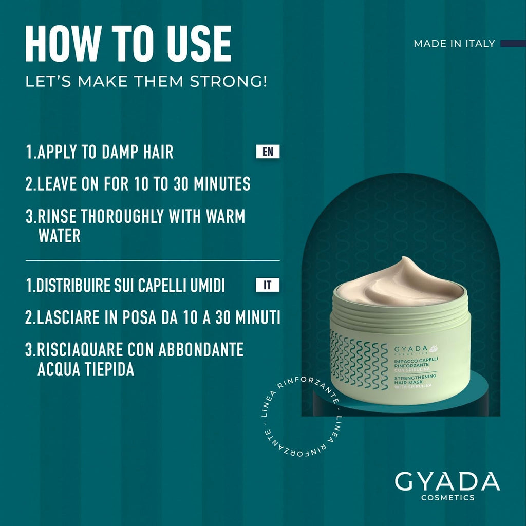 GYADA COSMETICS, Pachet de întărire a părului cu spirulină, hrănitoare, împotriva căderii părului, funcționează sfaturi duble, 250 ml + pieptene din lemn de fag, ideal pentru descurcarea tuturor tipurilor de păr Masca de par Naty Shop