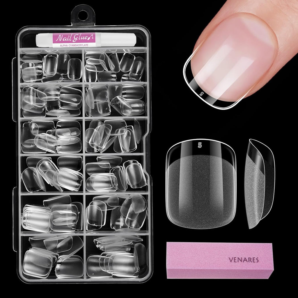 Tipuri de unghii pentru unghii cu gel, set 120 bucăți unghii artificiale scurte, culoare migdale, 11 dimensiuni unghii cu gel, tipuri de unghii cu lipici, bloc de buffer pentru unghii