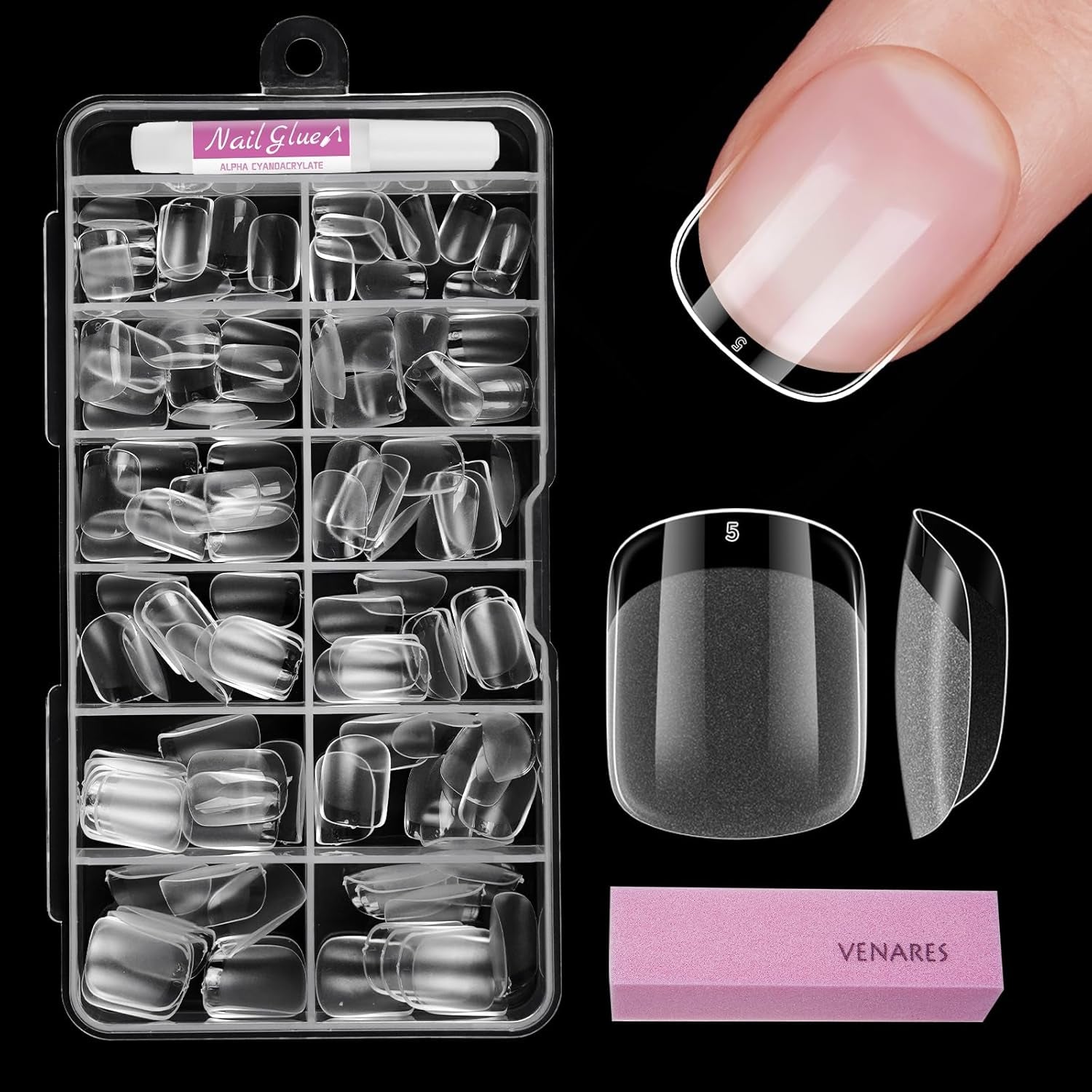 Tipuri de unghii pentru unghii cu gel, set 120 bucăți unghii artificiale scurte, culoare migdale, 11 dimensiuni unghii cu gel, tipuri de unghii cu lipici, bloc de buffer pentru unghii