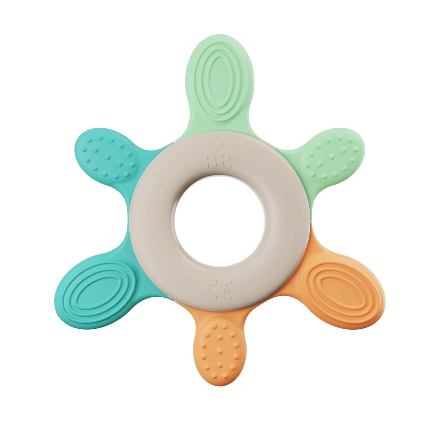 nip – Inel de dentiție | Inel de dentiție sustenabil pentru bebeluși de la 3 luni, fabricat din peste 65% materii prime naturale. Pentru masajul ușor al gingiilor, limbii și dinților | Roșu/Verde/Portocaliu