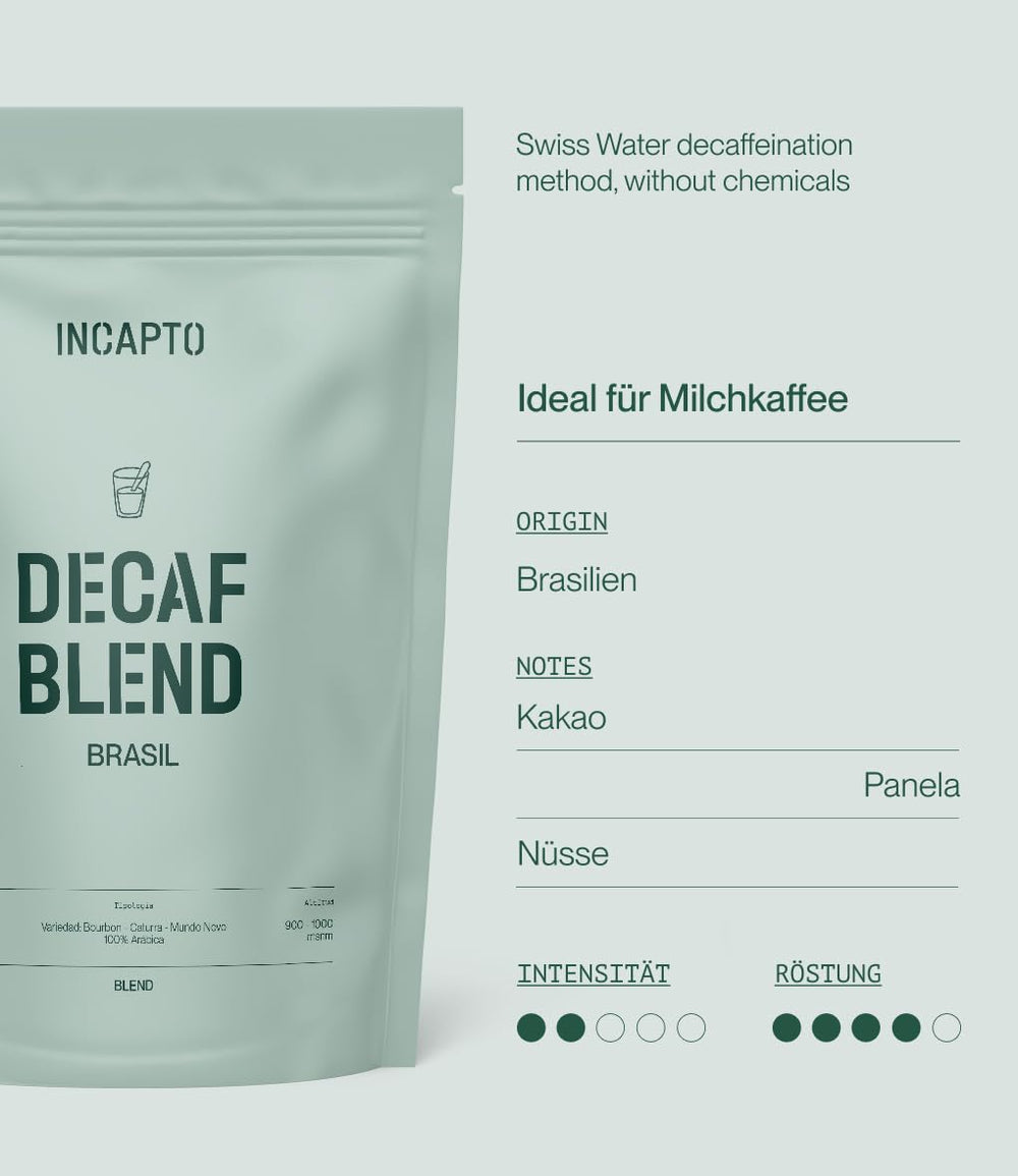Incapto Ganze Entkoffeinierte Kaffeebohnen | Ohne Chemikalien | Mischung aus 100% Arabica-Kaffee aus Brasilien | Ungemahlen Espresso Bohnen | Swiss Water Decaf Coffee, Packung 500g