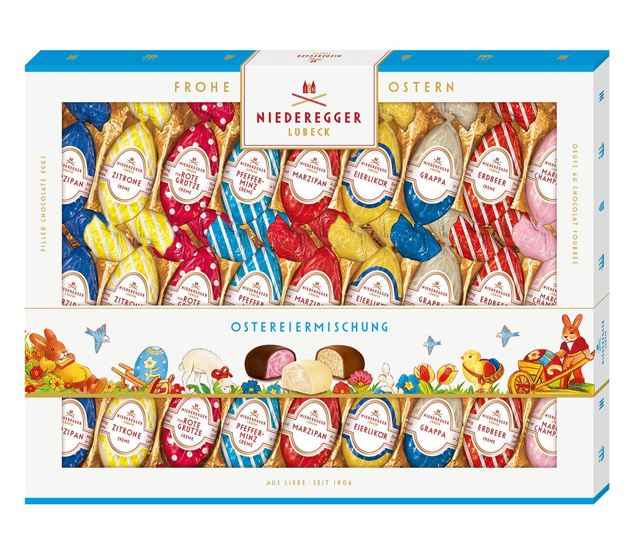 Niederegger | Påskeægsblanding | 1 x 337g | Påskeæg med diverse marcipan- og pralinefyld | Dækket med mørk, mælke- og hvid chokolade | påske gave