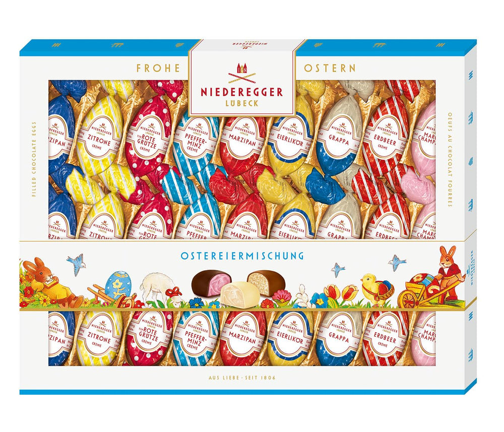 Niederegger | Påskeægsblanding | 1 x 337g | Påskeæg med diverse marcipan- og pralinefyld | Dækket med mørk, mælke- og hvid chokolade | påske gave