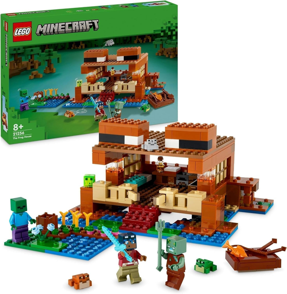 LEGO Minecraft Frøhuset, legetøjshus med figurer inklusive zombie, slim og druknende mand, plus tilbehør såsom legetøjsbåd og arbejdsbord, gave til drenge og piger fra 8 år 21256 Byggesæt Besuche den LEGO-Store Single