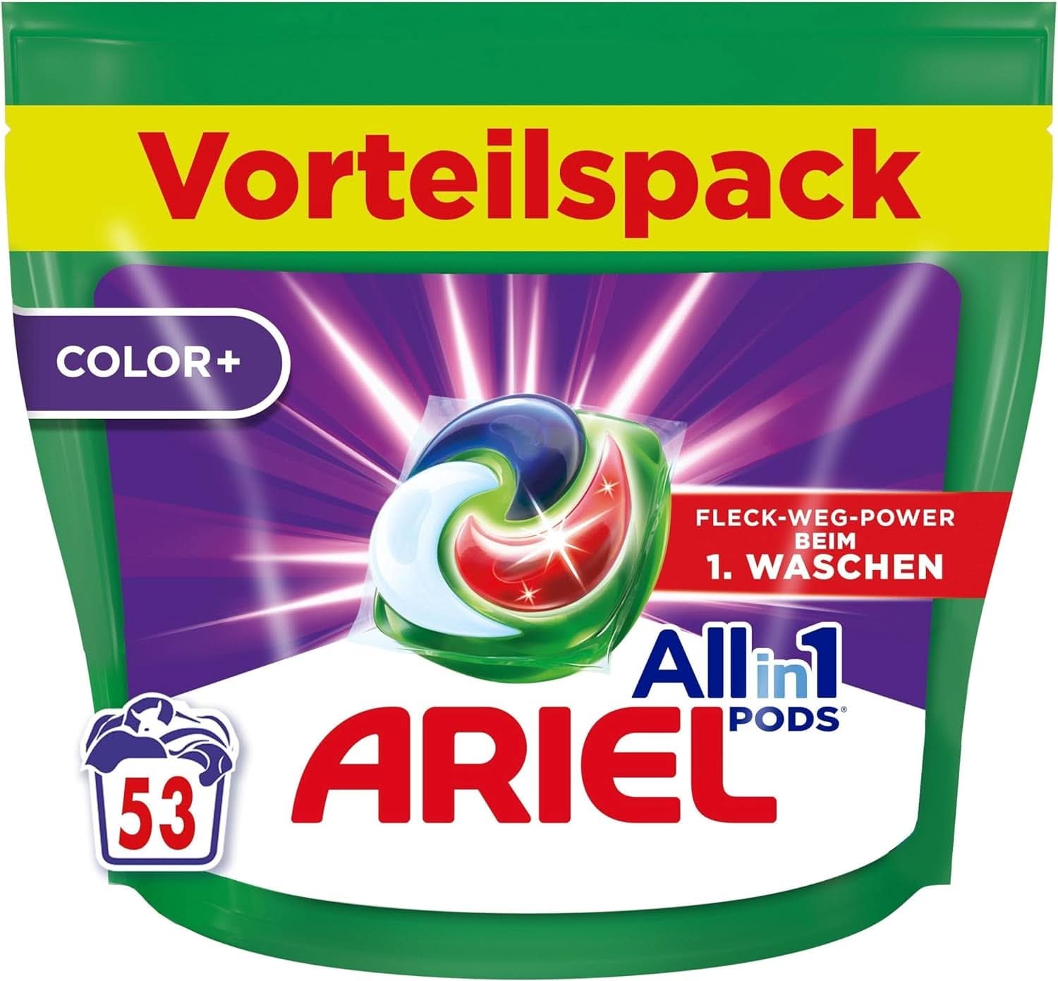 Ariel Allin1 PODS, Farve+ flydende vaskemiddelkapsler 53 vaske, fremragende pletfjernelse i første vask Vaskemidler Naty Shop 53 kapsler Ny model