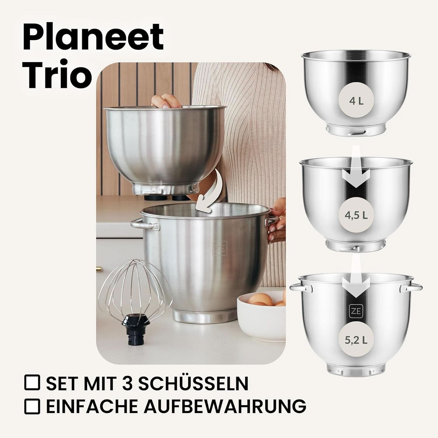 ZEEGMA PLANEET TRIO Planetrobotter, 1500 W, Multifunktionale Küchenmaschine Mit 3 Schüsseln 4 L, 4,5 L og 5,2 L, 10 Betriebsgeschwindigkeiten, Mixer Mit Haken, Schneebesen (Schwarz) Mor og barn Naty Shop