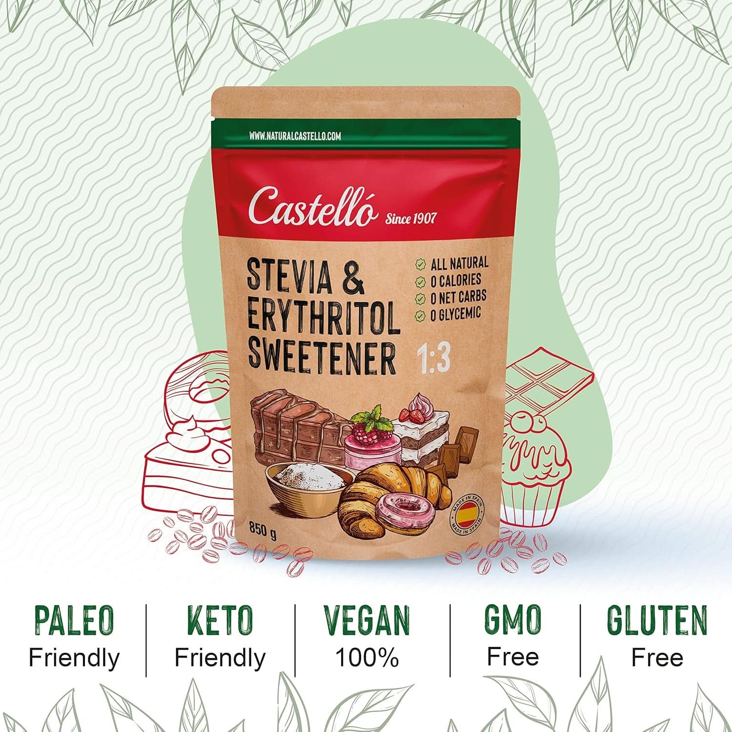 Stevia + Erythritol 1:3 sødemiddel, 1G = 3G sukker, 850 gram sødemidler Naty Shop