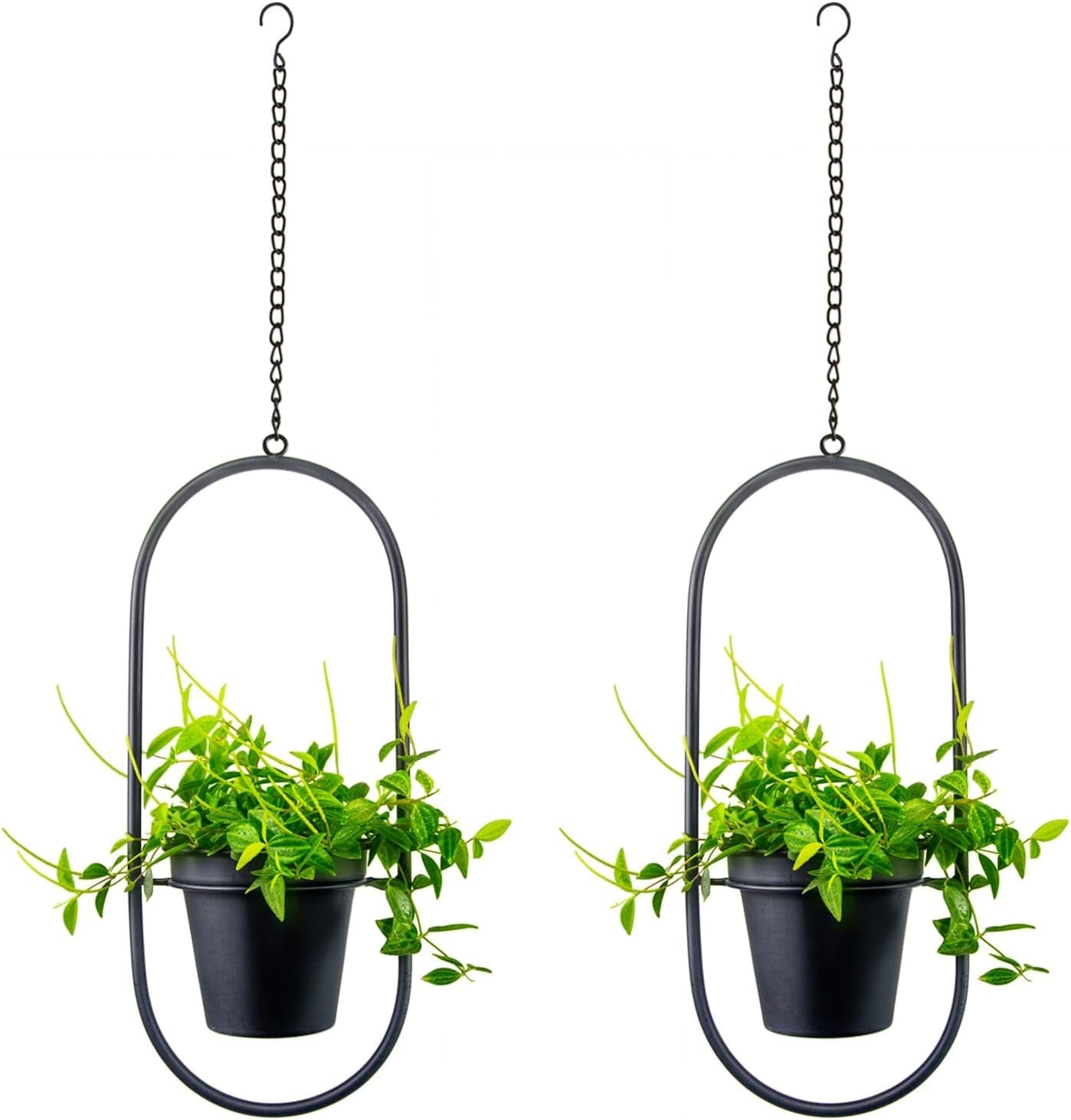 Ghivece metalice suspendate, 2 bucăți, negre, ovale, geometrice, cuier pentru plante cu ghiveci, jardinieră modernă de perete și tavan pentru interior și exterior, ghiveci de 15,2 cm, 2 bucăți