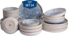 Set de veselă Azure Vintage din gresie pentru 6 persoane - 24 de piese - dungi albe și albastre, suprafață în relief - potrivit pentru mașina de spălat vase, cuptor și cuptor cu microunde