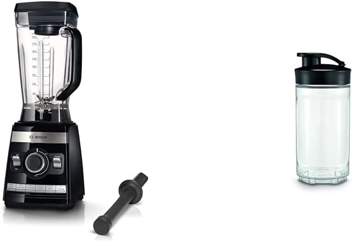 Bosch Standmixer Vitaboost MMBH6P6BDE, 6-Klingen-Edelstahlmesser, 2.5L Tritan-Mixbehälter, Stopfer, 6 Automatikprogramme, Rezeptbuch, Bpa-Frei, Einfache Reinigung, 45.000 U/Min, 1600 W, Schwarz Bucatarie Mit Becher Bundle 30M Becher Bundle Receptbog