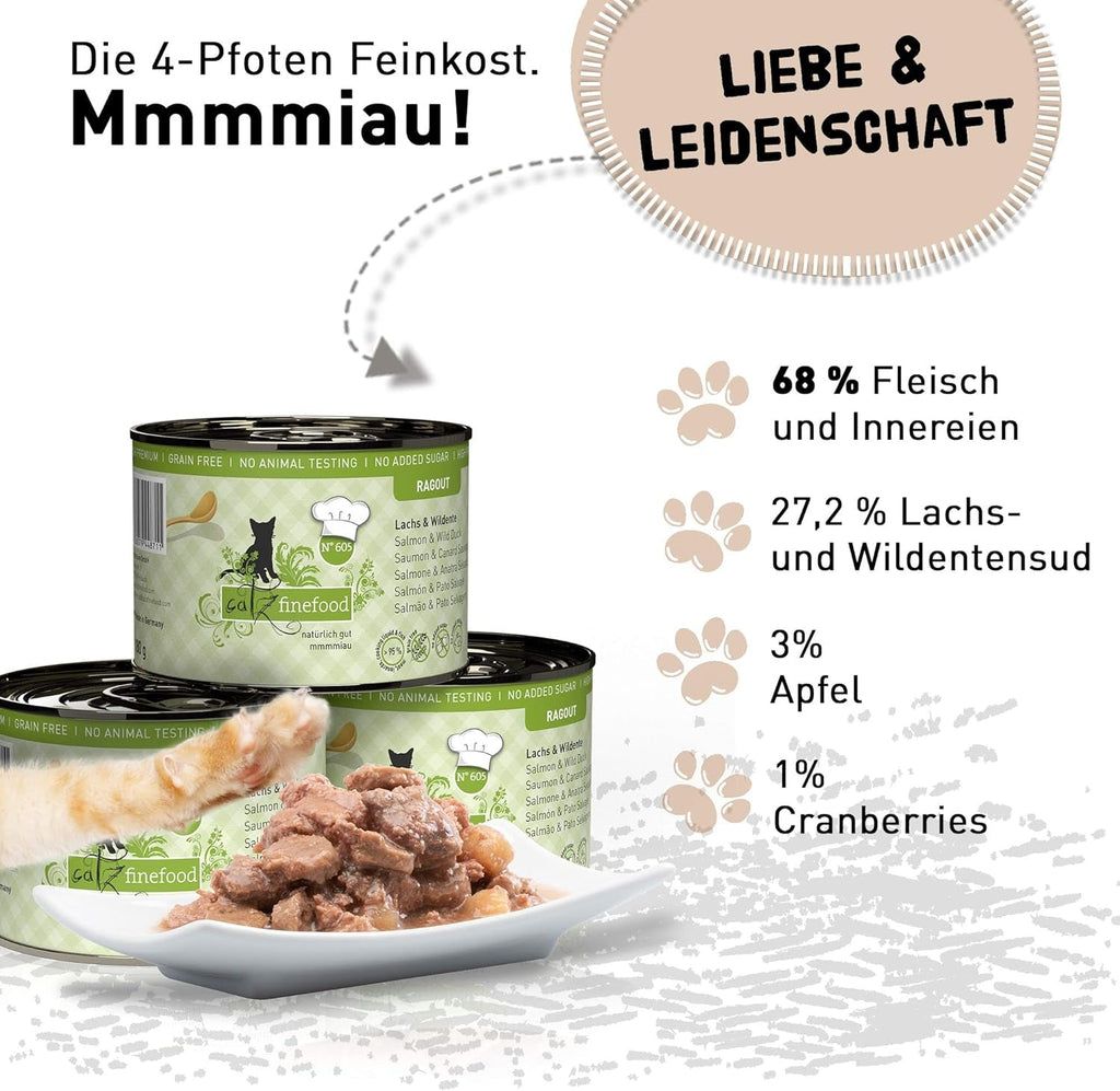 Catz Finefood Ragout N° 605 Salmon & Duck Cat Food Wet - hrană umedă delicatessen pentru pisici în sos fără cereale și zahăr cu conținut ridicat de carne, cutie 6 X 190 G