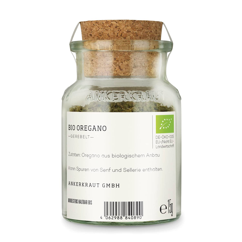 Ankerkraut BIO Oregano, gerebeltes Küchen-Kraut, 15 g i korkglas, Bio-Qualität zum selber Sürzen, Gewürz mediterranean Küche für Pizza & Pasta