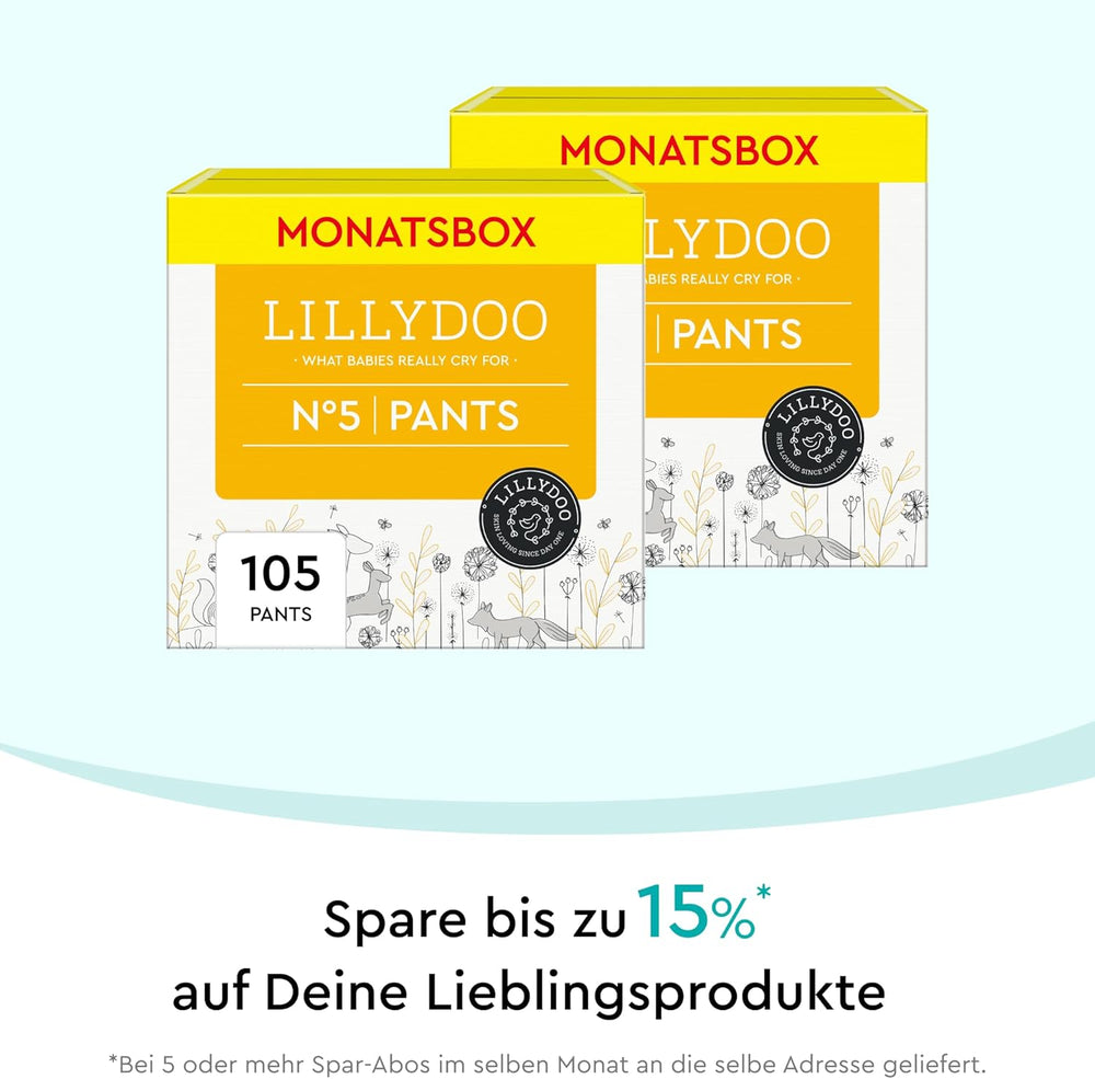 LILLYDOO Hudvenlige Bukser Størrelse 5 (12-17 kg) Månedlig æske (105 stk.)