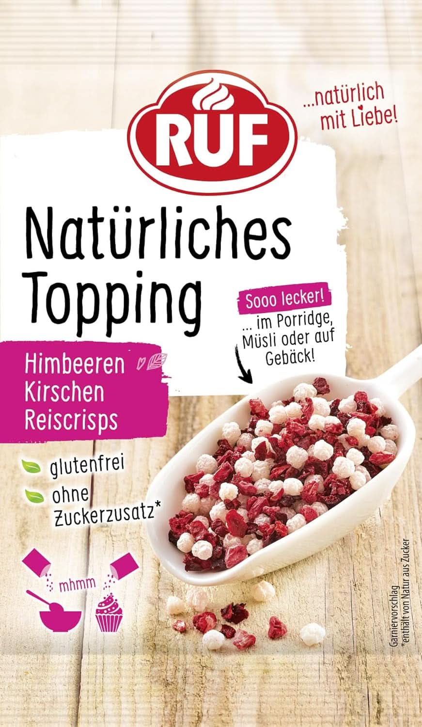 RUF rischips, ingen kunstige tilsætningsstoffer, frugtblanding til grød og kager, glutenfri, vegansk, 15 gram drys Naty Shop 15 gram ris, kirsebær, hindbær