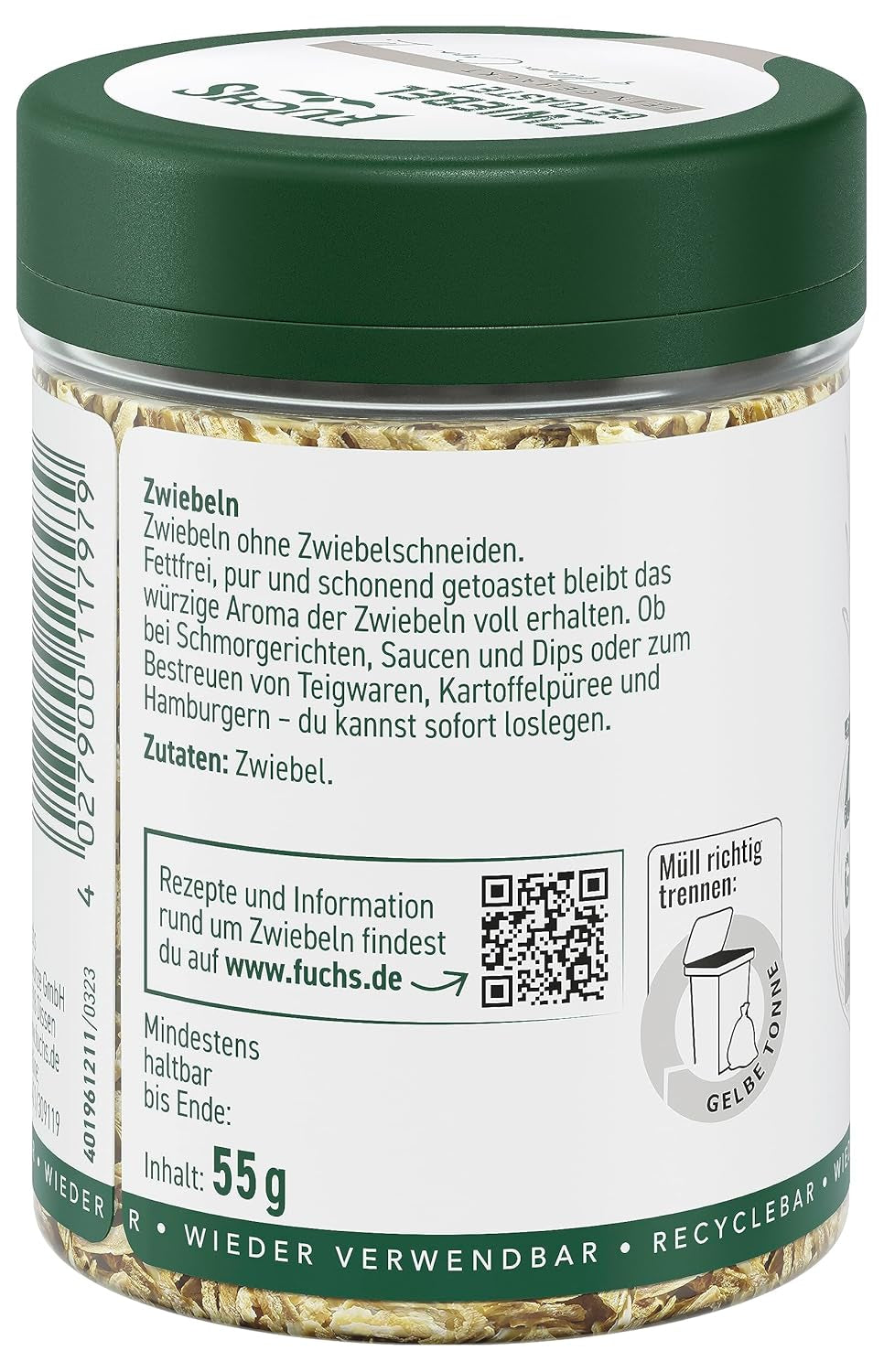 Fuchs Gewürze - Zwiebel getostat - finthakket Zwiebeln für Dips, Schmorgerichte eller Hamburger - naturlige ingredienser - 55 g i wiederverwendbarer, genbrugsbarer Dosis