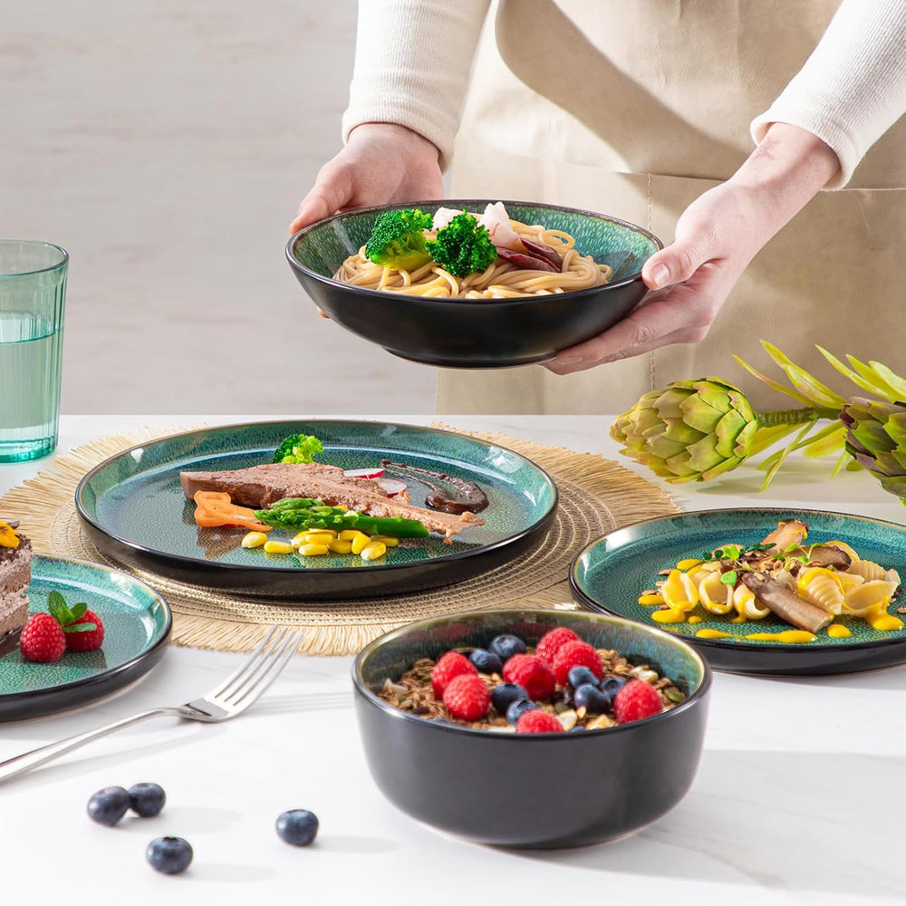 Set de veselă pentru 6 persoane, set de veselă din gresie Vancasso PLAYA, 24 de piese pentru 6 persoane, verde, inclusiv farfurii, farfurii de sumă, boluri și farfurii de salată, potrivit pentru mașina de spălat vase și cuptorul cu microunde