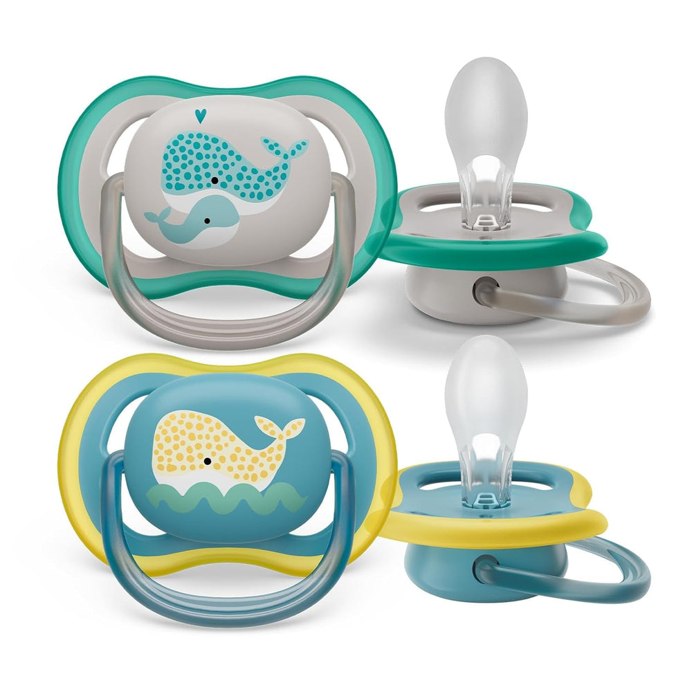 Suzetă Philips Avent Ultra Air - set de 2 suzete, fără BPA, respirabile, pentru bebeluși de la 18 luni, inclusiv cutie de transport și sterilizare, Whale/Whale (Model SCF349/24)