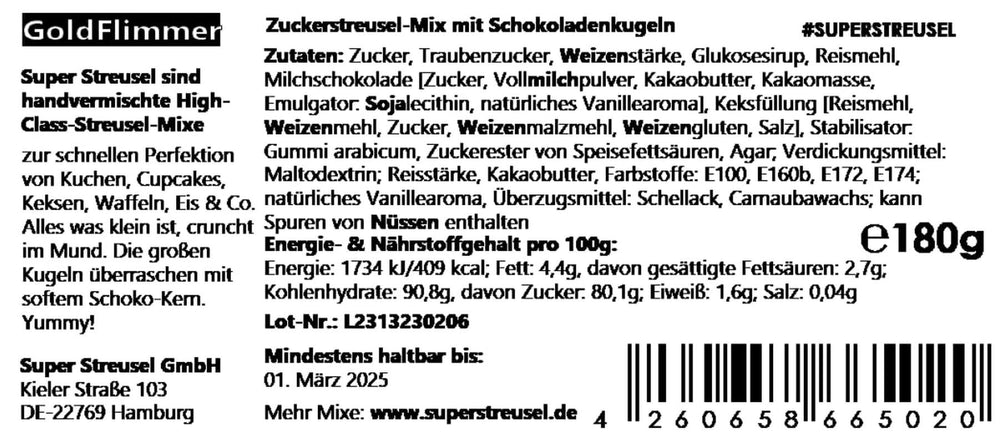 Super Streusel Gold Glimmer, Juletema Drys, 180 gram Sprinkles Naty Shop