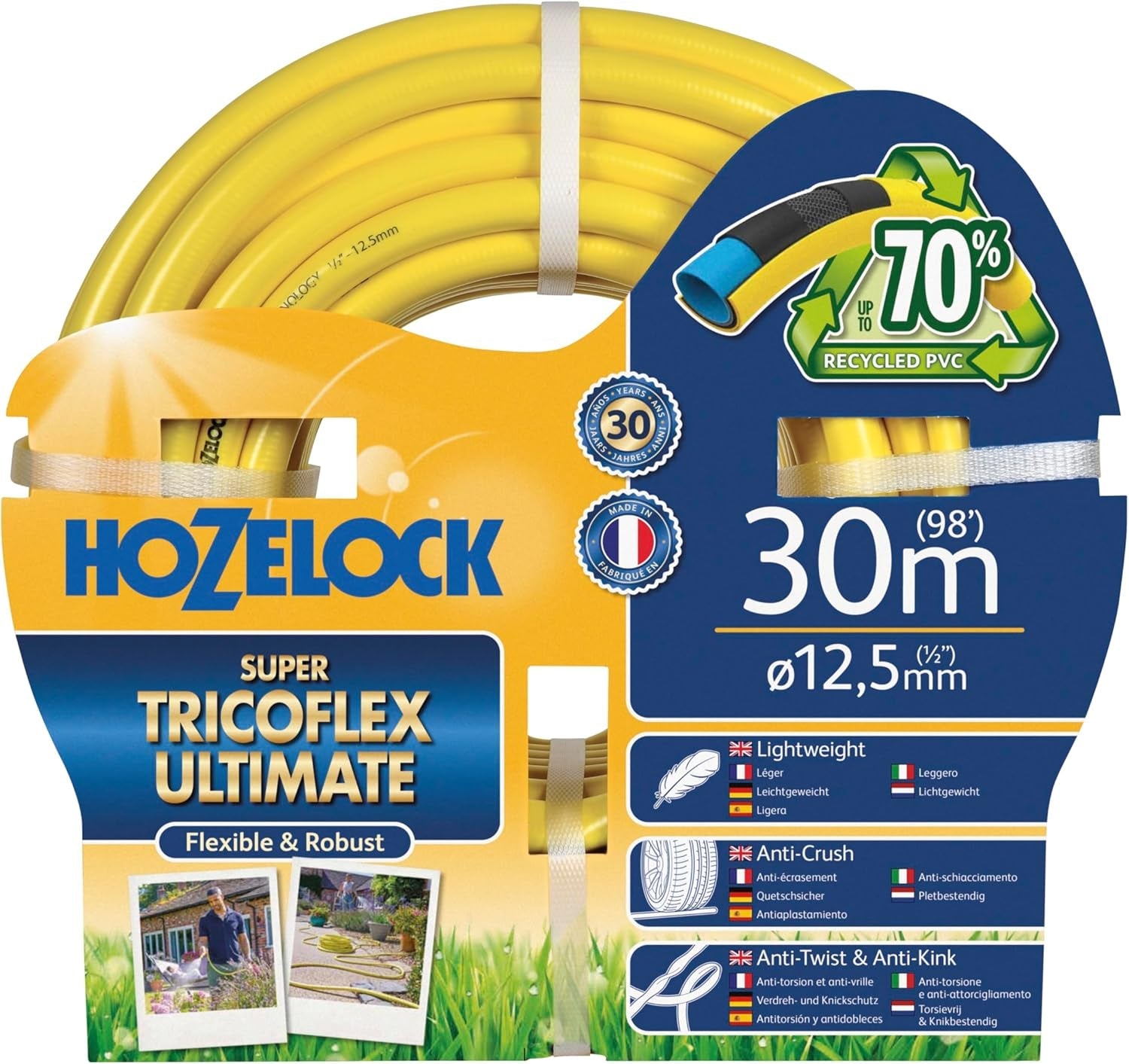 Furtun HOZELOCK - Ultramax 12,5 mm x 30 m, până la 70% PVC reciclat, robust, rezistent la intemperii, anti-răsucire, rezistent la îndoire și strivire, gri