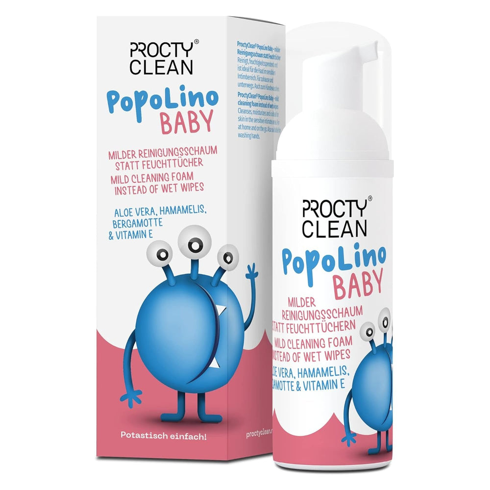 Spumă delicată PopoLino Baby pentru fund, în loc de șervețele umede pentru bebeluși. Spumă de curățare cosmetică vegană și naturală! Spumă pentru fund cu aloe vera, hamamelis, bergamotă și vitamina E. Face fundurile și mediul înconjurător fericite.
